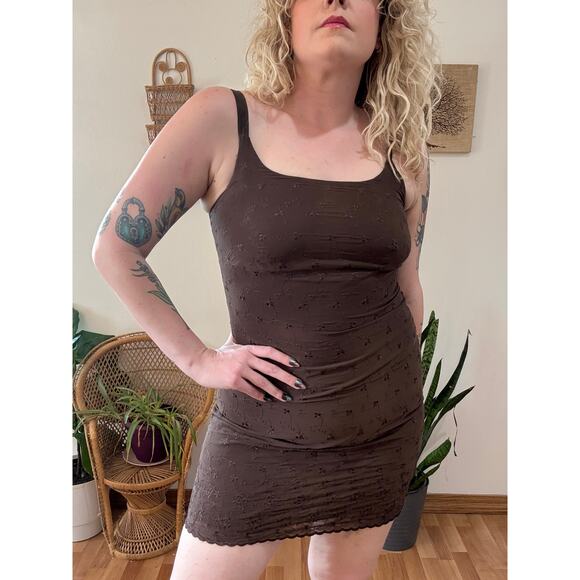 90s Express Brown Embroidered Babydoll Dress - Picture 3 of 10